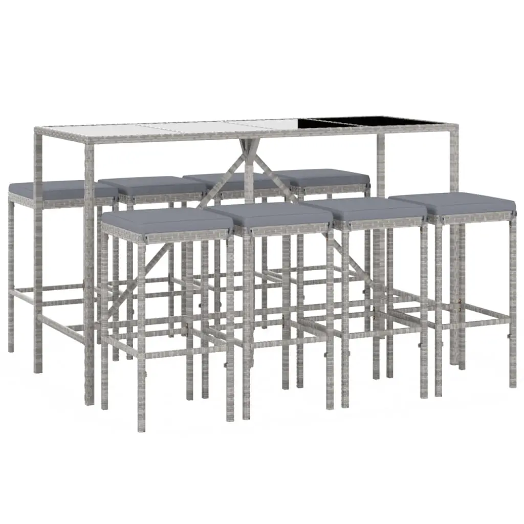 Ensemble de bar de jardin 9 pièces avec coussins gris poly rotin