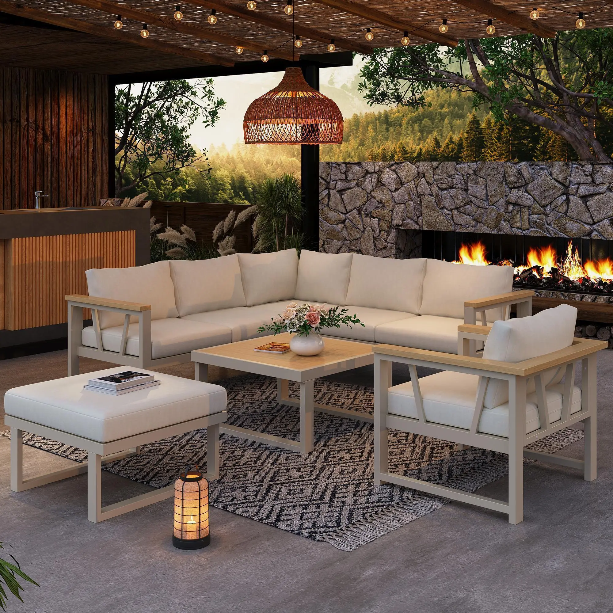 Ensemble de mobilier de jardin, pouvant accueillir jusqu’à 7 personnes, en tubes d’acier galvanisé, couleur kaki + beige