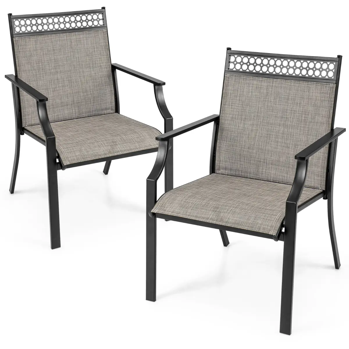 Ensemble de 2 Chaises avec Dossier Haut Accoudoirs Tissu à Séchage Rapide Cadre en Métal Robuste à Motif Ajouré pour Cour Jardin Café