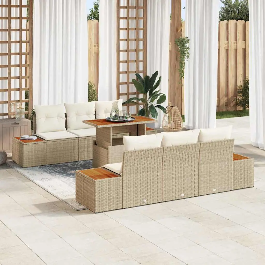 Ensemble de Jardin 7 Pièces Rotin Synthétique et Acacia Modulable avec Rangement pour Extérieur Beige Crème – ComfortXL Outdoor Living