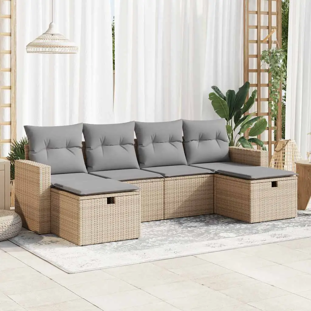 Ensemble d’Extérieur 6 pcs Beige Résine Tressée avec Rangement et Coussins Gris – ComfortXL Outdoor Living