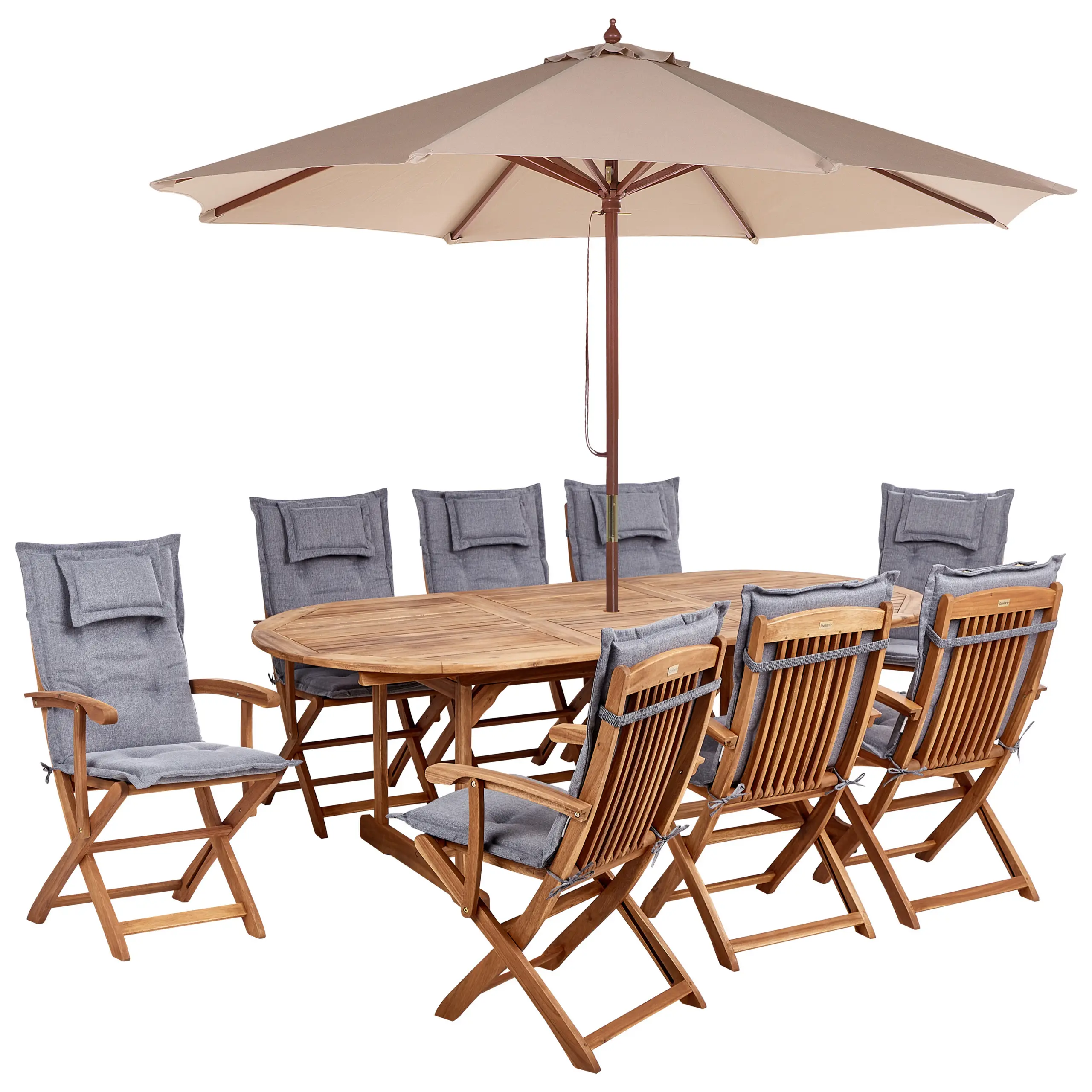 Ensemble de Jardin avec Coussins Gris en Bois d’Acacia Table et Chaises et Parasol 8 Places Style Rustique