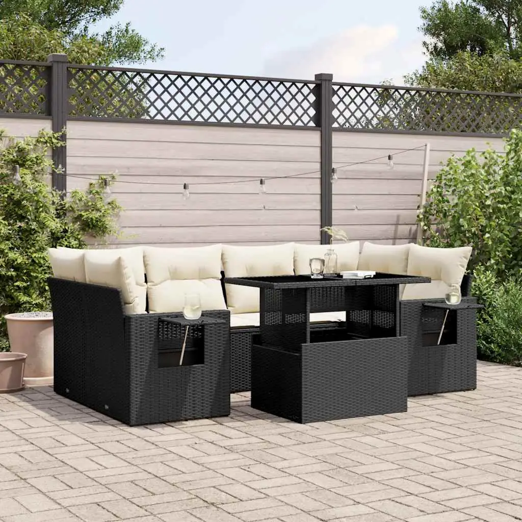 Ensemble de jardin 7 places résine tressée avec tablettes et table modulable noir – ComfortXL Outdoor Living