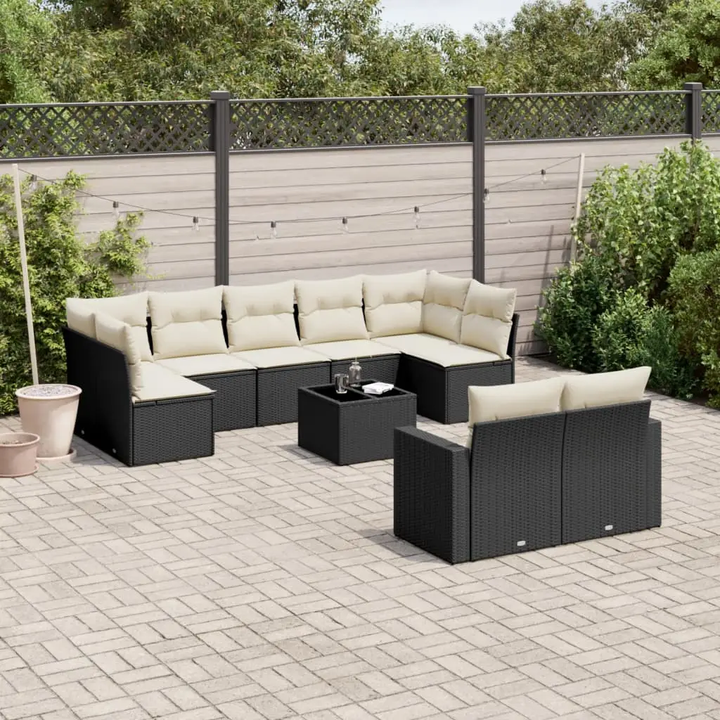 Ensemble de meubles de jardin 10 pièces résine tressée résistant UV avec table en verre Noir et Blanc Crème – ComfortXL Outdoor Living