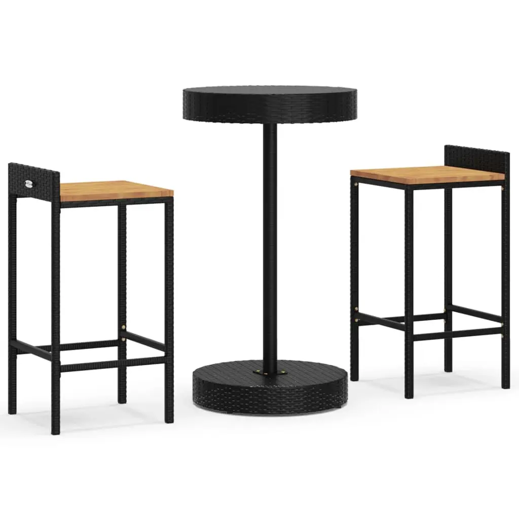 Ensemble de 3 pcs bar de jardin – Mobilier d’extérieur noir poly rotin/bois massif acacia-JU2256