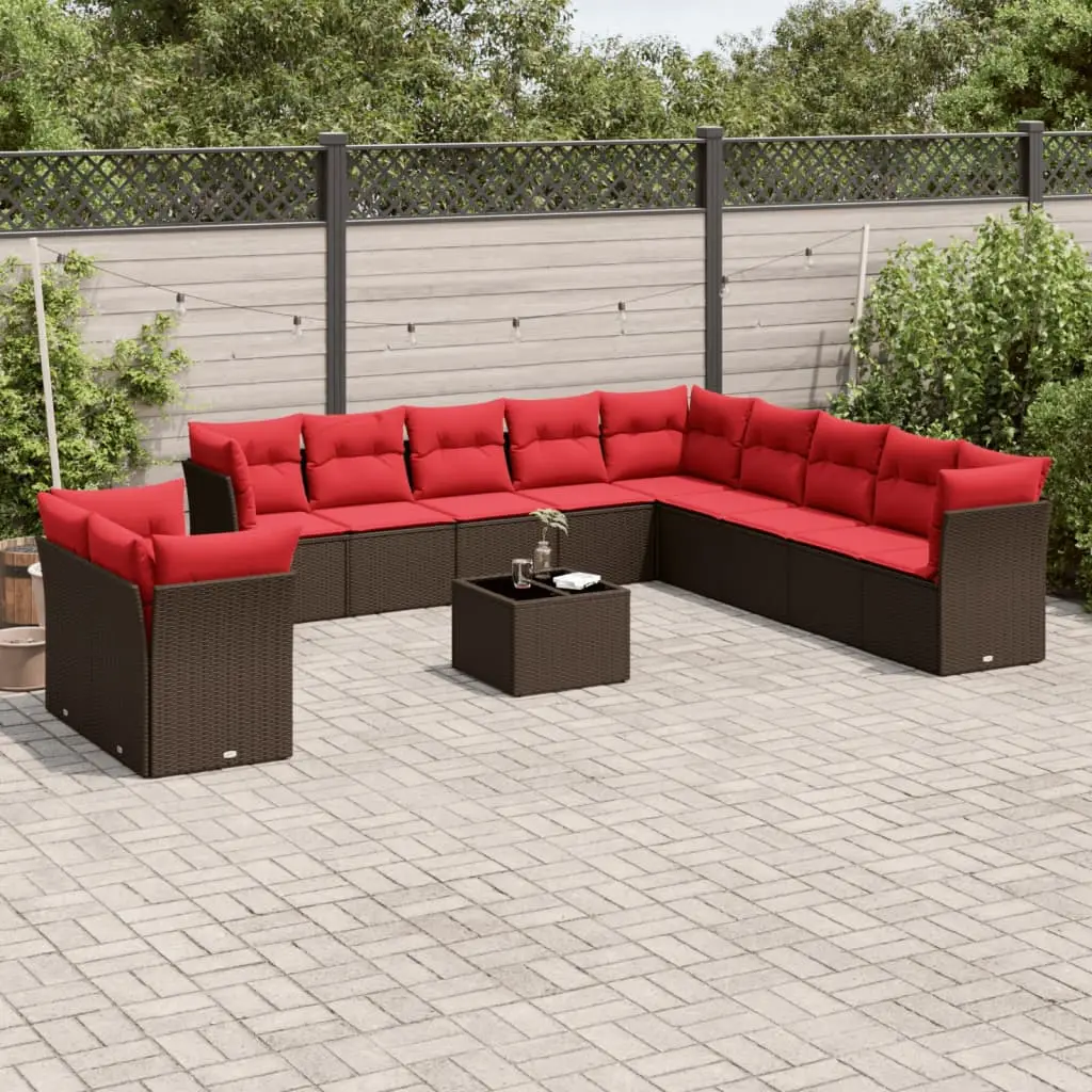 Ensemble canapés d’extérieur 12 pcs en résine tressée avec table pour balcon Marron coussins rouges – ComfortXL Outdoor Living