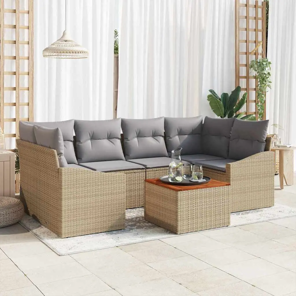Ensemble de jardin 6 places en résine tressée et bois d’acacia modulable avec rangement Beige et Gris Clair – ComfortXL Outdoor Living