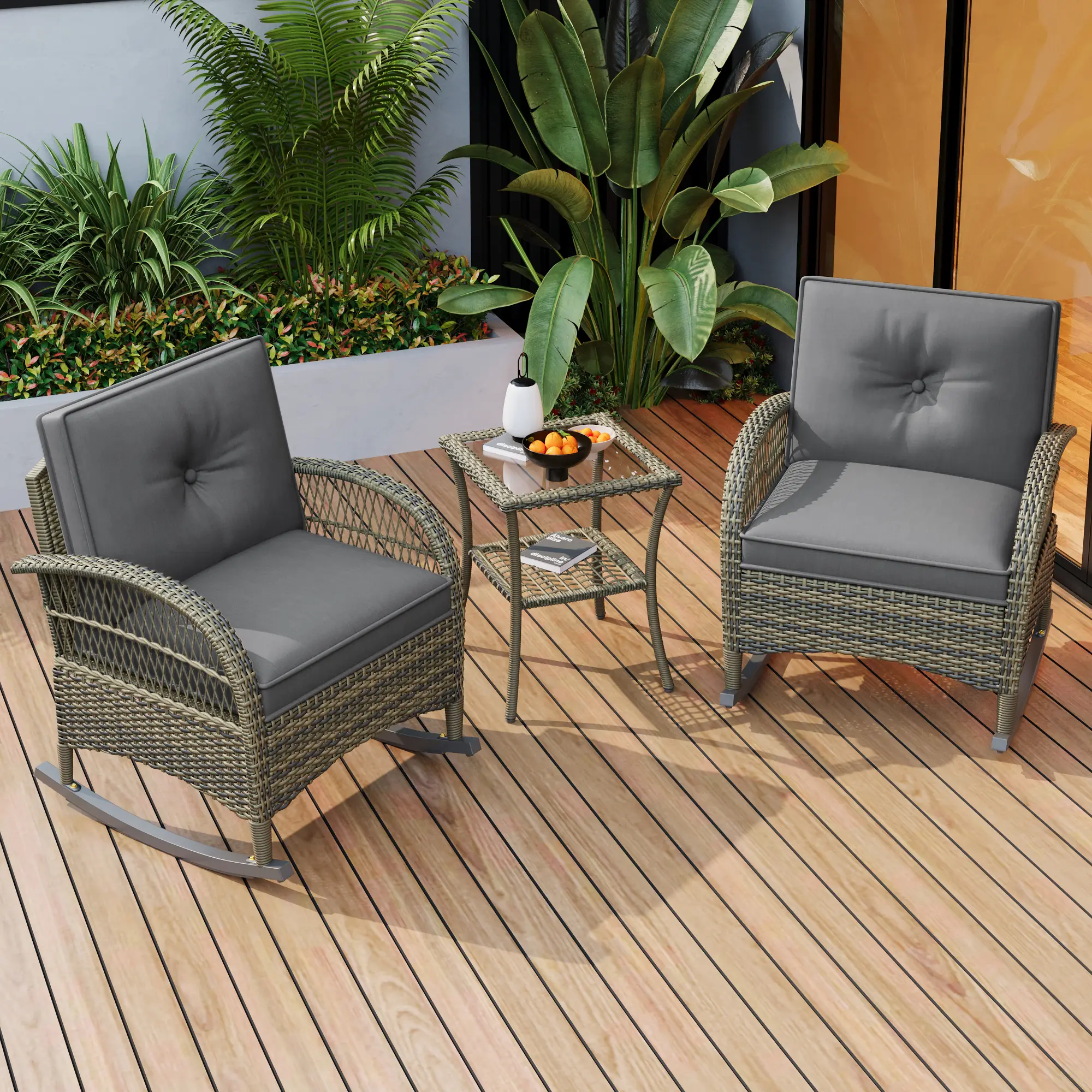 Ensemble de balcon en rotin, 3 pièces, coussins gris, capacité de charge 160 kg