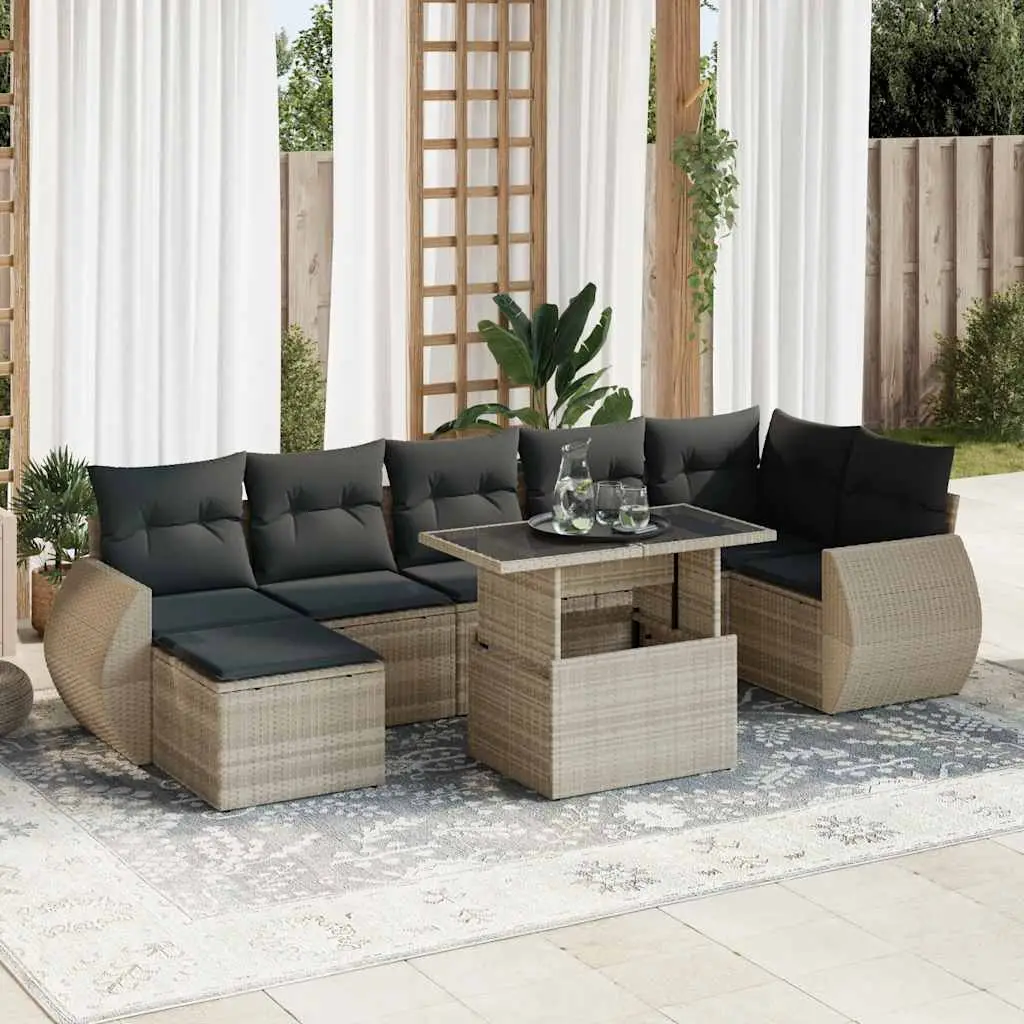 Ensemble de jardin 8 pcs modulable résine tressée avec pouf et table relevable gris clair – ComfortXL Outdoor Living