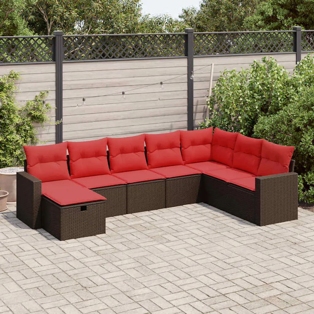 Ensemble de Jardin 8 pcs Marron avec Rangement et Coussins Rouge Déhoussables – ComfortXL Outdoor Living