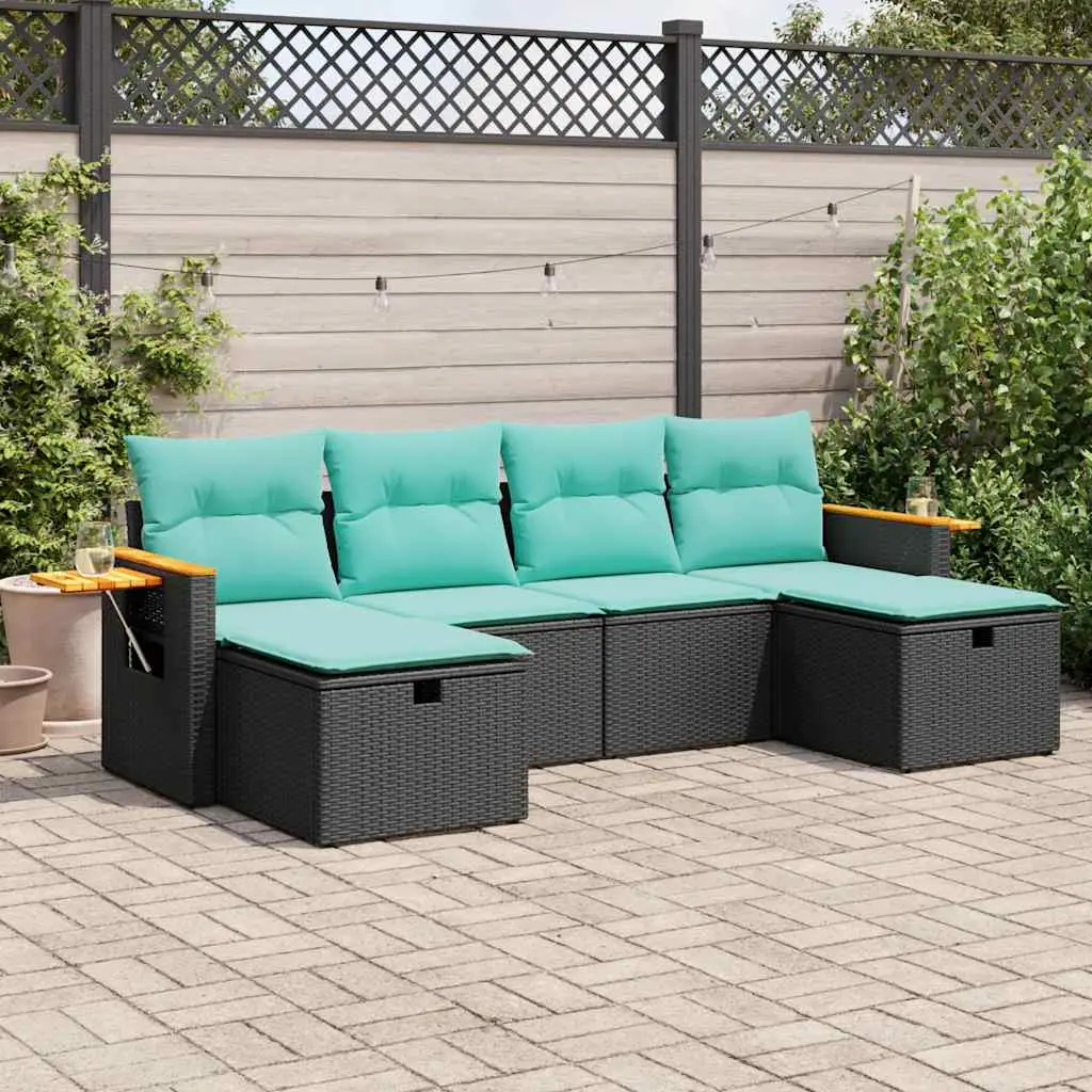 Ensemble Canapés Jardin 6 pcs Résine Tressée 2 Repose-pieds Rangement Coussins Lavables Tablette Noir – ComfortXL Outdoor Living