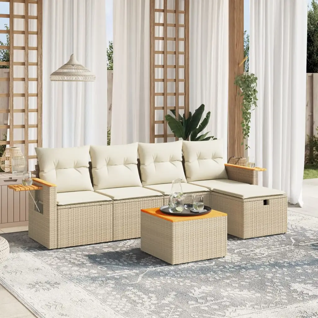Ensemble de jardin 6 places résine tressée avec table en acacia et coussins confortables Beige – ComfortXL Outdoor Living