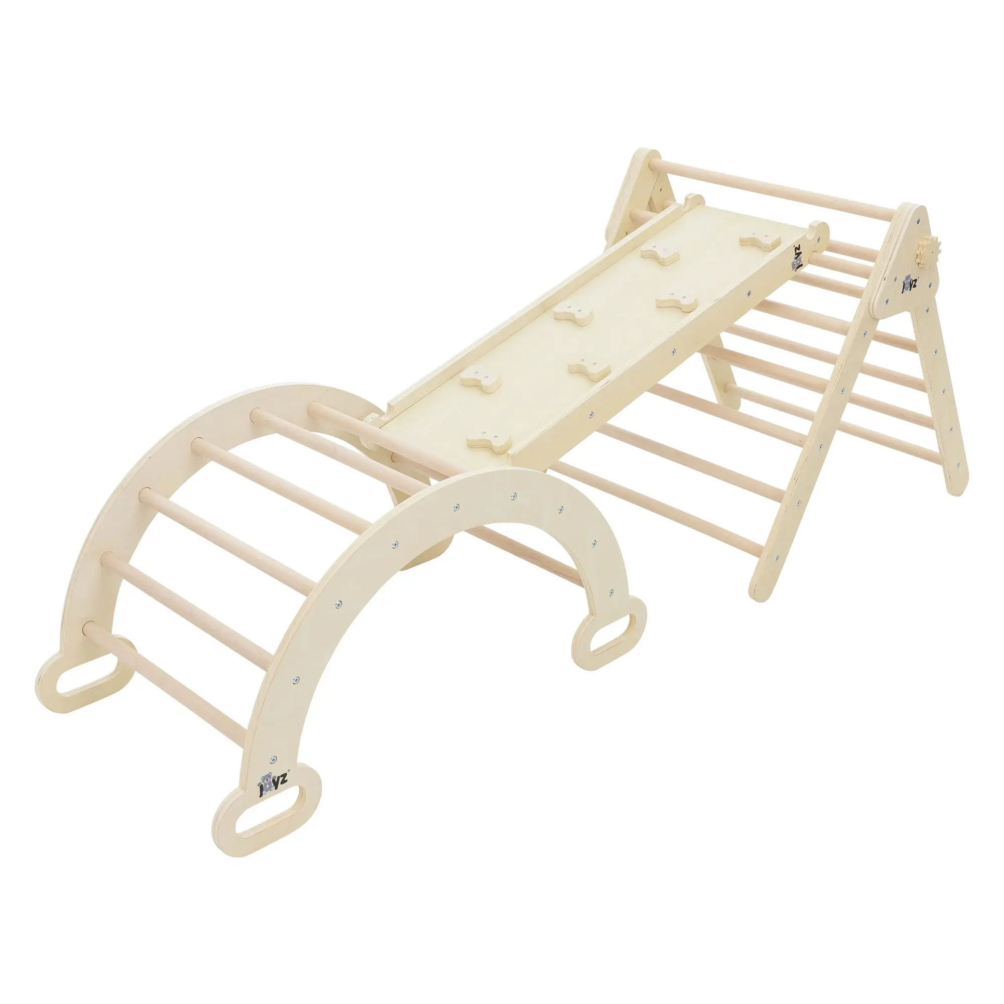 Ensemble d’escalade enfants naturel en bois avec arc à grimper triangle et toboggan convient dès 2 ans développe la motricité l’équilibre la sécurité