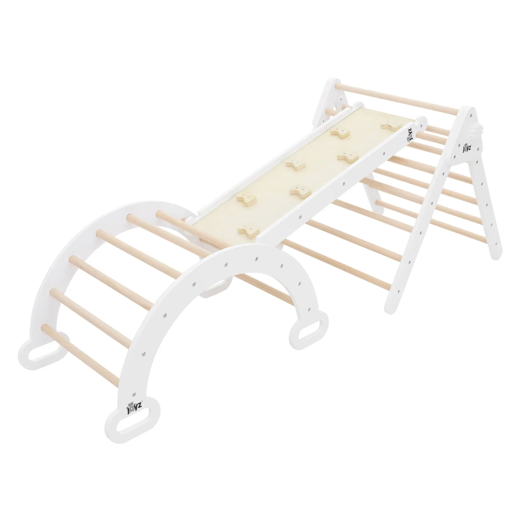Ensemble d’escalade naturel-blanc en bois avec triangle/arche à grimper/toboggan convient enfants dès 2 ans développe la motricité l’équilibre