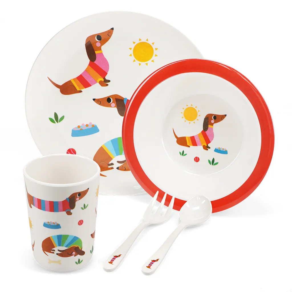 Rex London Plato de melamina para niños Sunny Sausage Dog (x5) WHITE
