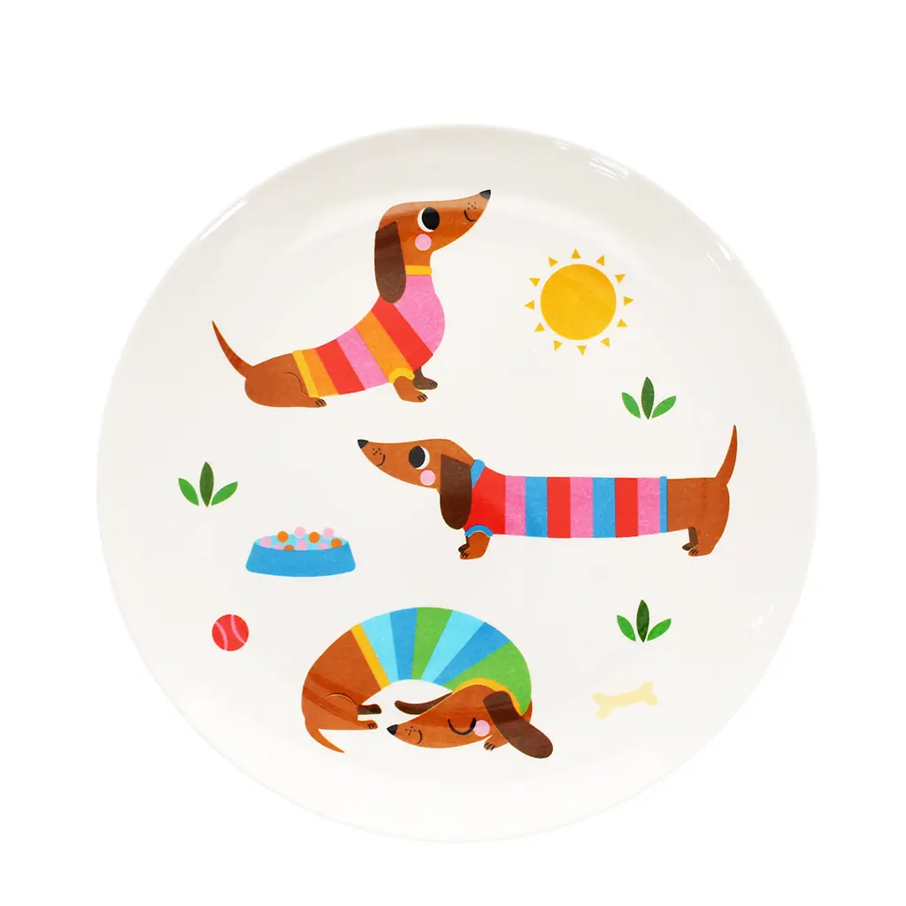 Rex London Plato de melamina para niños Sunny Sausage Dog WHITE