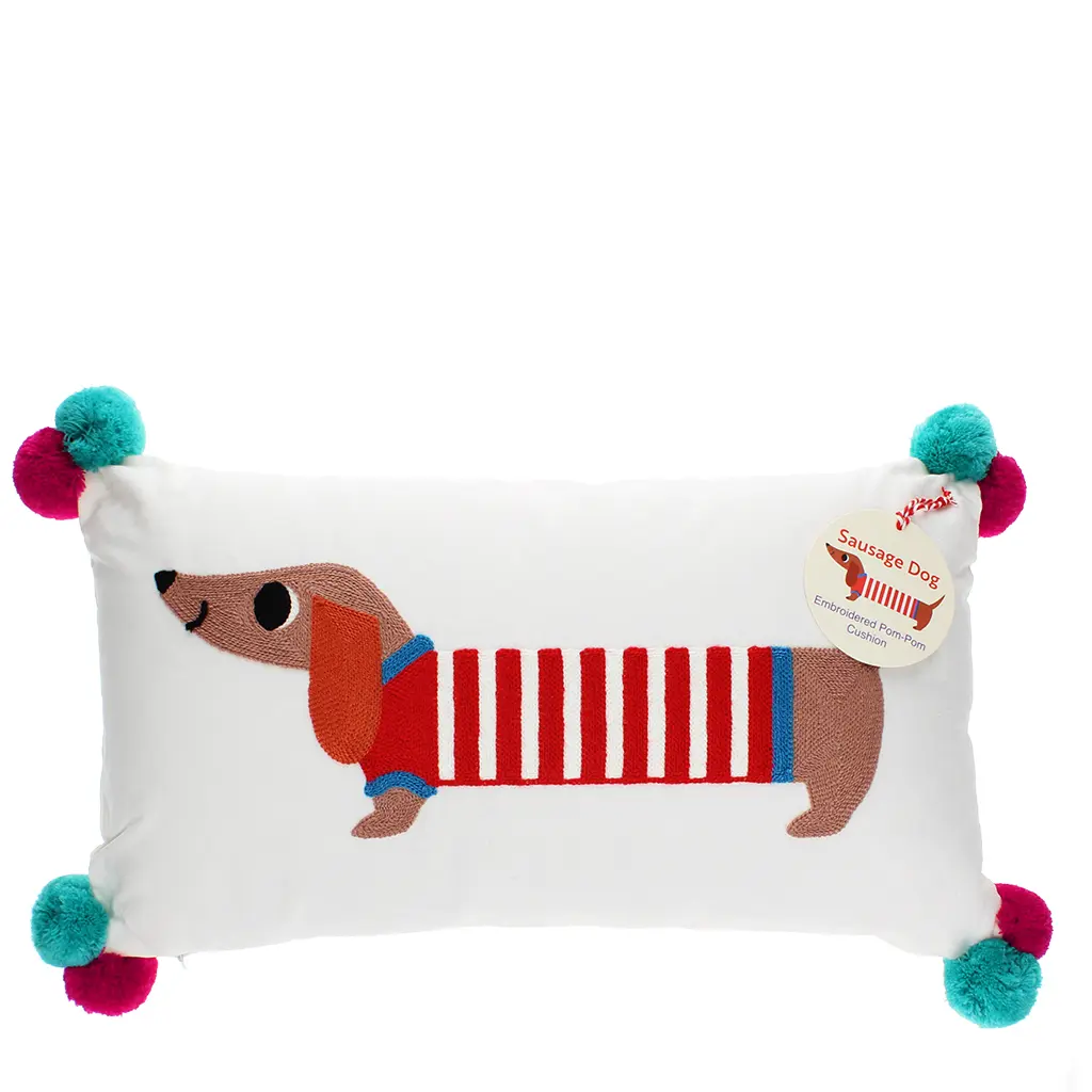 Rex London Cojín bordado con pompones Sausage Dog WHITE