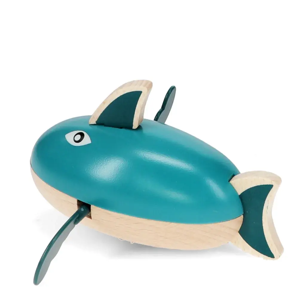 Rex London Juguete de baño tiburón de cuerda de madera BLUE